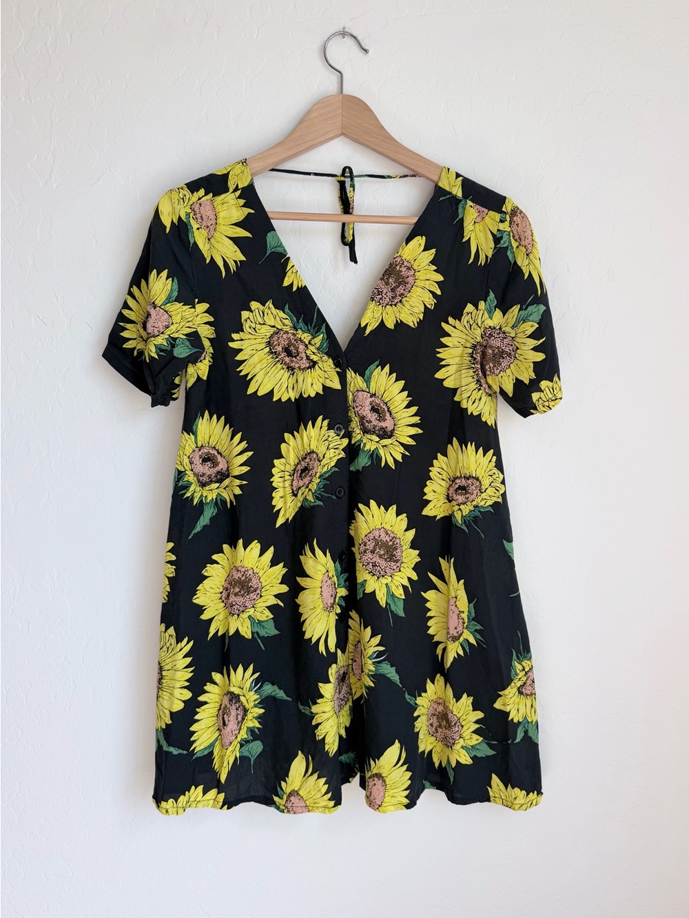 Black Sunflower Print V-Neck Women's Dress